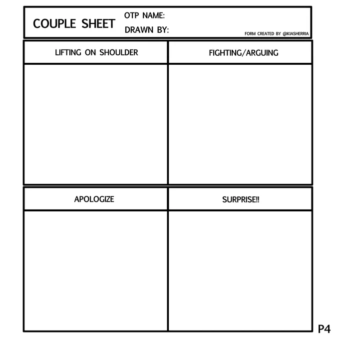 A cute sheet to fill out for your ship and OTP. ?
Please feel free to take those and use or modify the options.
Those are large PNG. You can just draw under the layers, the frames are already filled. (The black parts are transparent for your layers.)
Have fun?
#16OTPChallenge 
