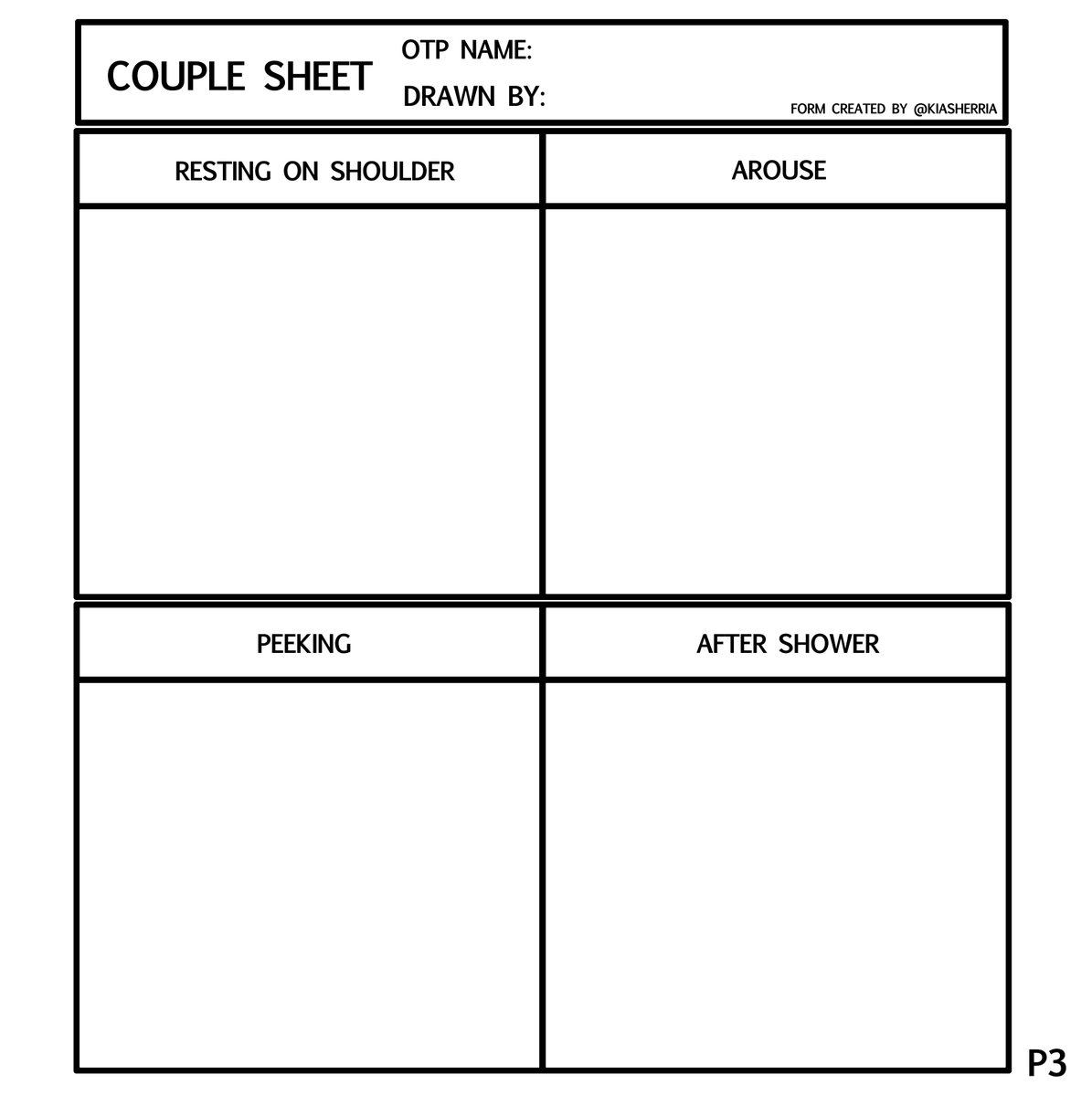 A cute sheet to fill out for your ship and OTP. ?
Please feel free to take those and use or modify the options.
Those are large PNG. You can just draw under the layers, the frames are already filled. (The black parts are transparent for your layers.)
Have fun?
#16OTPChallenge