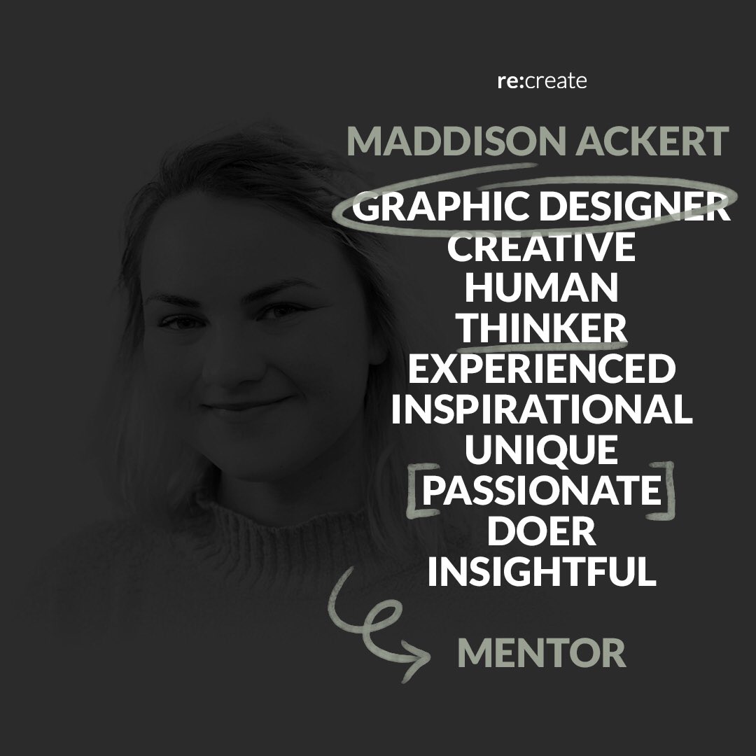 WeAreRecreate's tweet photo. Madison Ackert is a Seattle based graphic designer for Starbucks. Specialising in typography, branding and UI design... Level up your #GraphicDesign skills, connect with her today: https://t.co/fz0heP5mbn
#mentoring #MondayMotivation #mentor #Creative https://t.co/7JBRSK1b7R