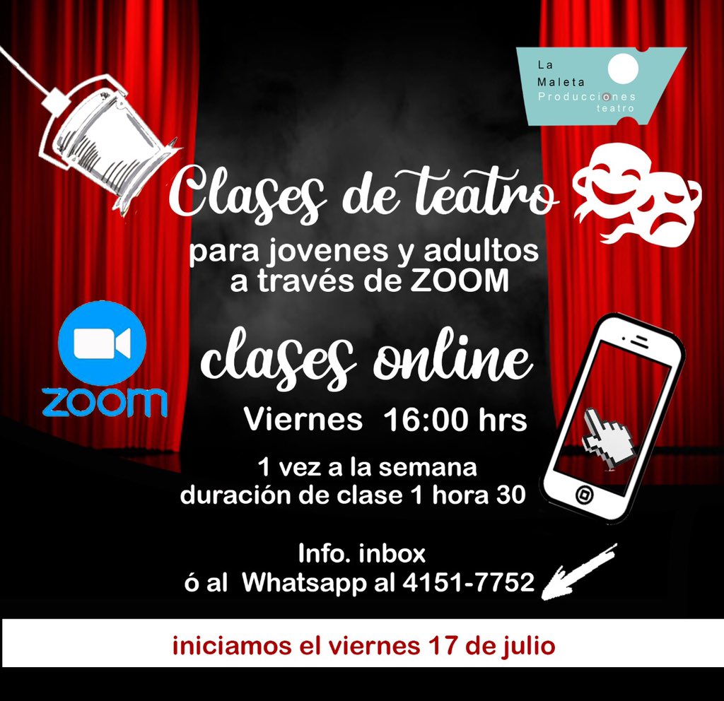 BrendaSantti's tweet photo. Clases de teatro con @lamaletaproduc1 los viernes a partir del 17 de julio a las 16:00 horas 
Cupo Limitado! Información por Whatsapp 🎭 https://t.co/RqyhW8r7CH
