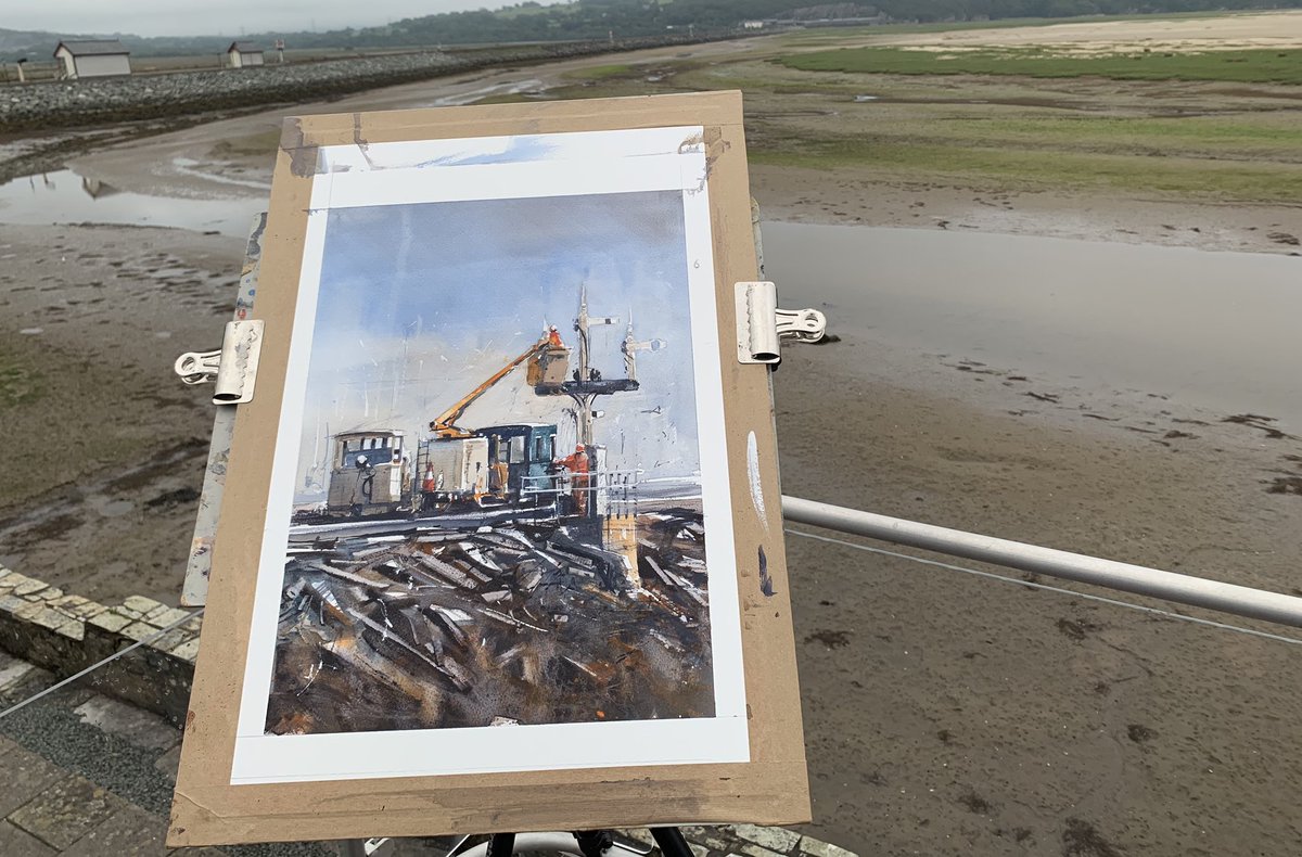 markbuck's tweet photo. Today’s watercolour: Working on the signals in the rain. On the Ffestiniog Railway. Painted on Millford paper with Daniel Smith paper. #watercolour #Festrail #Porthmadog #Steam https://t.co/HpFIi0IoJb
