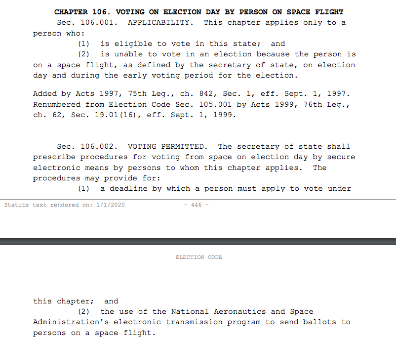 alexazura's tweet photo. Every once in a while I remember this is written into the Texas election code ๐ฉโ๐ ๐ #txlege https://t.co/bHe6XZH3cf