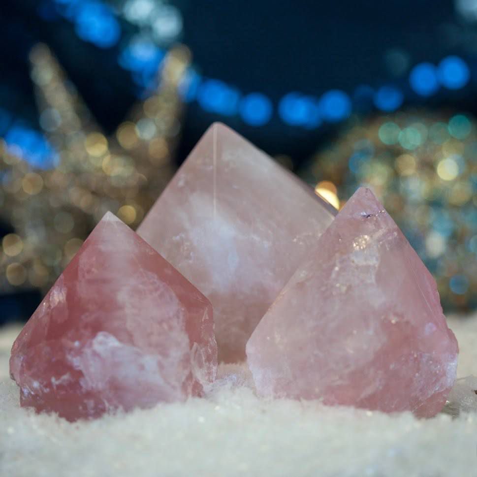 rose quartz - pink/peach/rose colored - associated with the heart chakra - opens to the heart to help relieve tension and stress - helps to instill love, (of all kinds) kindness and compassion - can help foster empathy and forgiveness