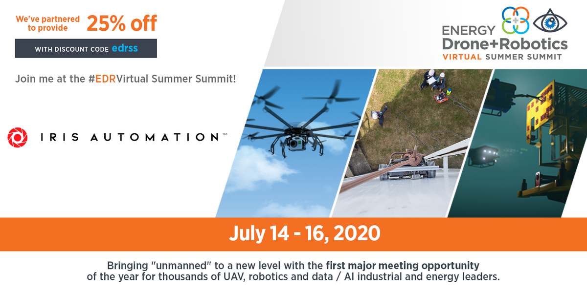 Iris_Automation's tweet photo. Don't miss our virtual booth at the @enrgdrone #EDRVirtual Summer Summit this week (July 14-16) for live demos and events highlighting #drone solutions for the energy sector! 

Register here: https://t.co/7jQ1NuTYDc https://t.co/4ycEfSbyEi