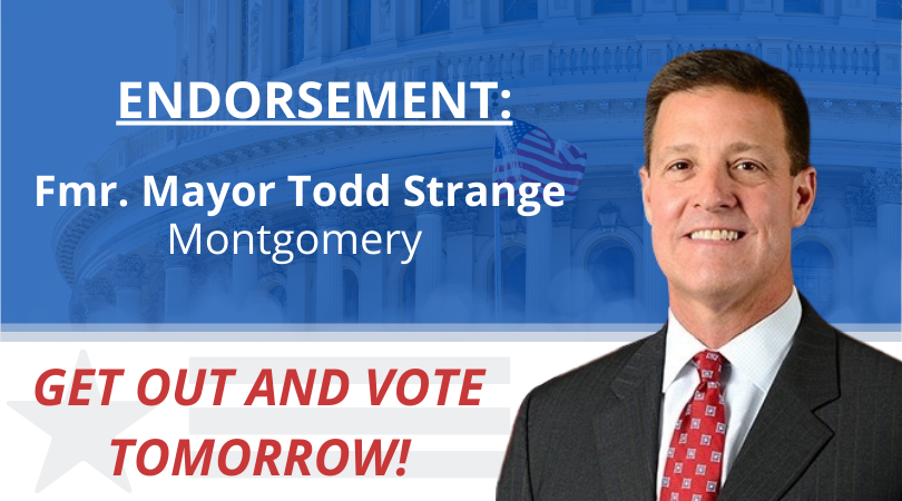 JeffColemanAL's tweet photo. Proud to have the endorsement from former Montgomery Mayor, Todd Strange! Be sure to get out and vote tomorrow! https://t.co/rWD4P5GLWp