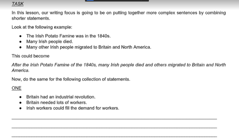 Another sentence expansion task from Lesson 4 on Irish and Caribbean migration 1800-present - this time with a worked example and then the first of three for students to attempt themselves.