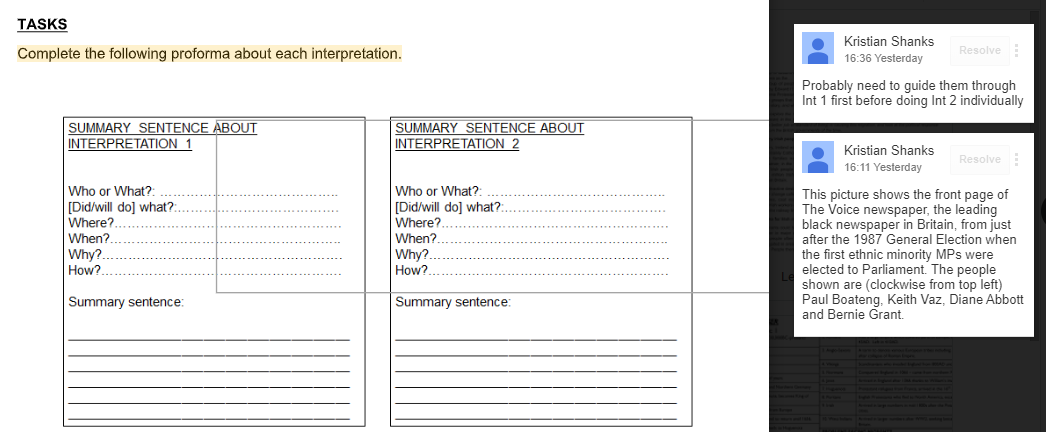 This is a proforma for summarising - another thing I assume students can do but yet many really can't. I think I found it easier to assume they could do it because I didn't really know any ways to actually teach them to do it. This is based on two contrasting interpretations.