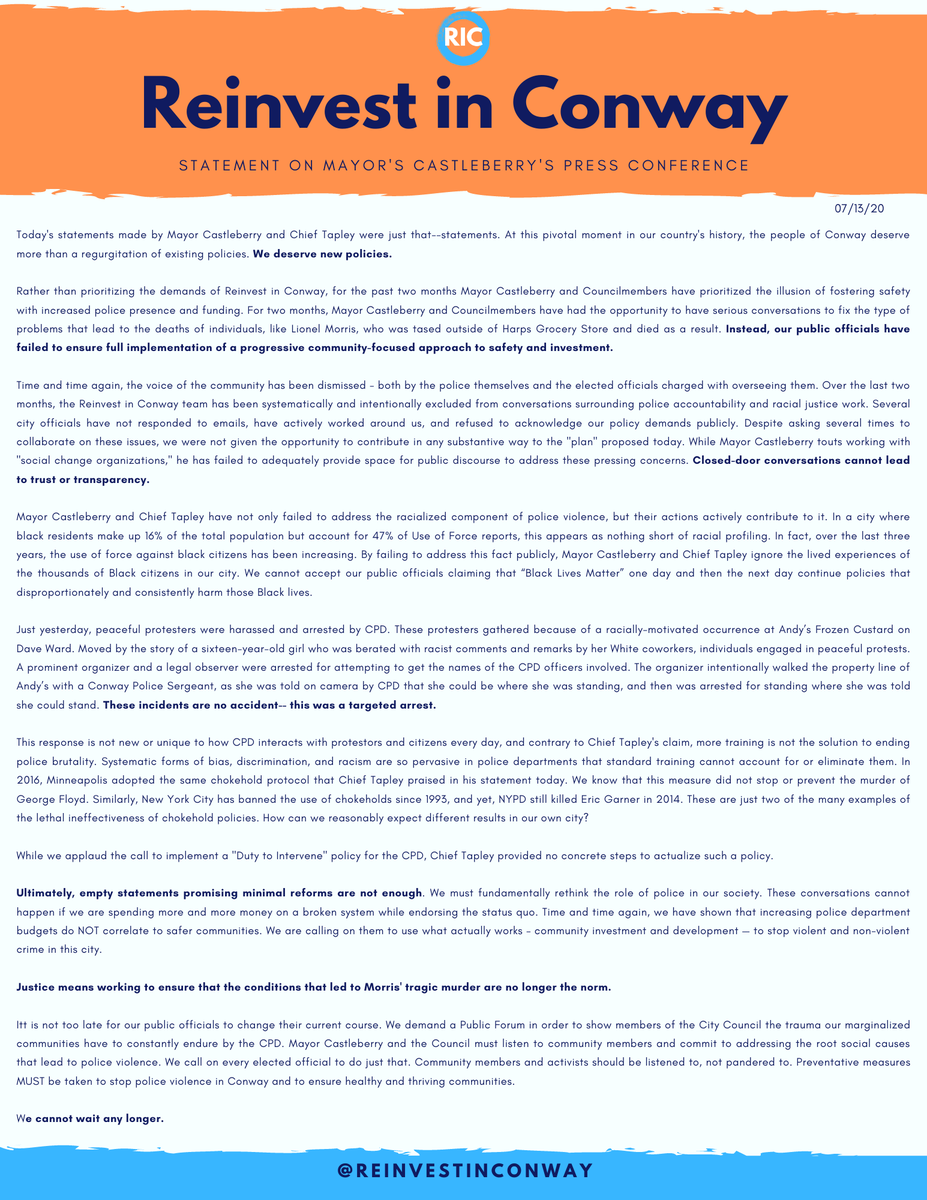 ReinvestConway's tweet photo. Here is our statement regarding Mayor Castleberry's press conference this morning.
Join our Organizer meeting TONIGHT @ 7pm.
You can find the link in our bio to the Zoom meeting and our statement.
#DivestCPD #ReinvestinConway https://t.co/8himyKXOMi