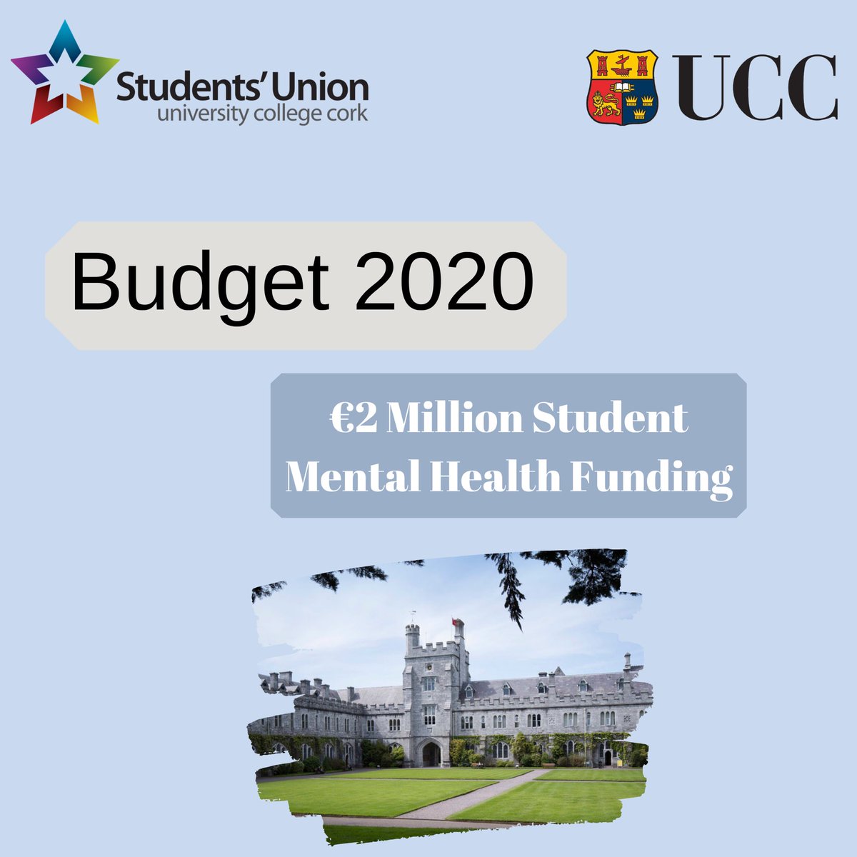 UCCSU's tweet photo. The additional €2 million funding allocated in Budget 2020 for mental health services on Irish campuses has not yet been granted

Funding is needed now more than ever to support students in these challenging times, ensuring swift access to MH services for those who need it ✅ https://t.co/tp66FO81oH