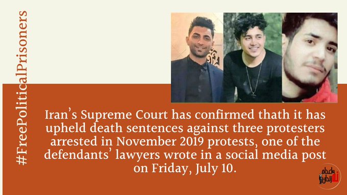 AShadbakhti's tweet photo. Iran’s Supreme Court has confirmed thath it has upheld death sentences against three protesters arrested in November 2019 protests, one of the defendants’ lawyers wrote in a social media post on Friday, July 10.
 
#FreePoliticalPrisoners https://t.co/SnJteMleCB