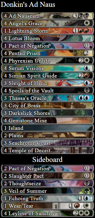 GR_DONKIN's tweet photo. Hello,
As promised, here is an Ad Nauseam SB guide and 75 for you to try post snow-globe ban! 

If this is useful to you, please consider supporting me on twitch! 
https://t.co/u5bqsLd34M

#AdNauseam #アドグレイス #SBguide #MTG https://t.co/j7k81t5qxi