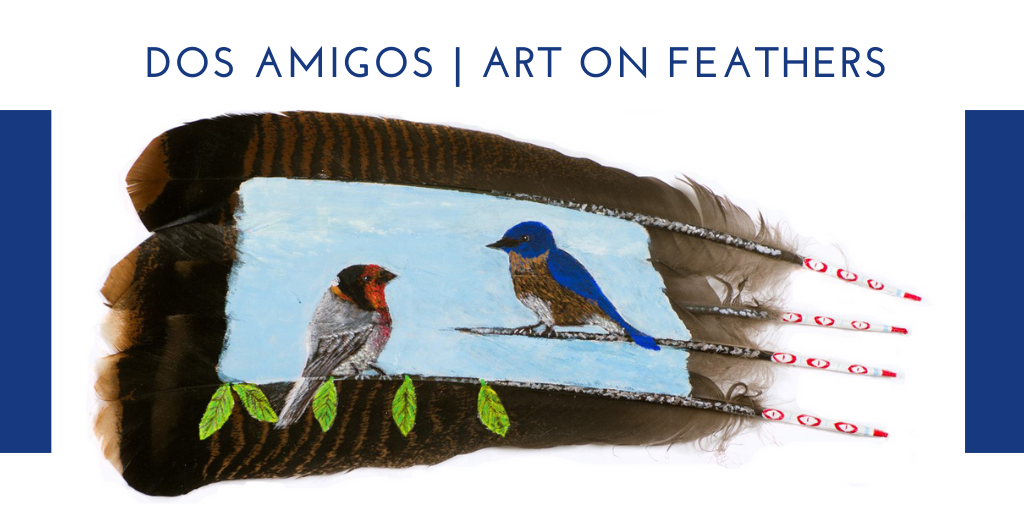 Dos Amigos | Two favorite birds in #NewMexico are the #WesternBluebird and the #RedfacedWarbler. Custom mounted using conservation and archival acid-free materials in an 18 X 24 double matted shadow box window inside 23 X 29 oak frame w/linen inlay. marinfeatherart.com/art.html #art