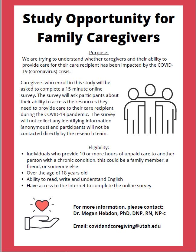 drdrnurseheb's tweet photo. Are you a family caregiver? Have you been impacted by COVID 19? Please consider participating in this study conducted by researchers at the University of Utah. 
Survey link👉https://t.co/HvaXNJWiBN

#caregiving #caregivers #Covid_19 https://t.co/fX8OkXUvAY