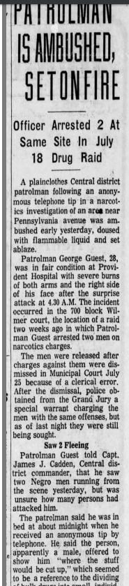 Just weeks before trial, the arresting officer George Guest got a late night home phone call abt a  #HarlemPark drug deal in  #WestBaltimore (shades of  #SeanSuiter). Guest was ambushed, doused with liquid and set ablaze. He survived, testified then quit BPD. But there's more 6/