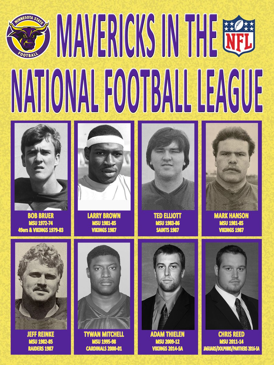 MinnStAthletics's tweet image. Minnesota State has had eight fmr Mavericks play in the @NFL. Who's next??? #MavNation #MavFam @Vikings @49ers @AZCardinals @Saints @Raiders @MinnStFootball @sskroughriders