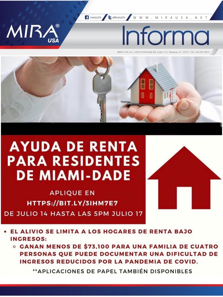MIRAUSAOficial's tweet photo. MIRA USA Informa:
Asistencia de Renta en el Condado de #MiamiDade, estará disponible mañana 14 de Jul a las 9am hasta el 17 de jul para ayudar a los residentes que han sido afectados económicamente por el #COVID19

Pueden aplicar en el siguiente enlace👇🏻
https://t.co/Pl4Rek5y1S https://t.co/4dloWgdbp5