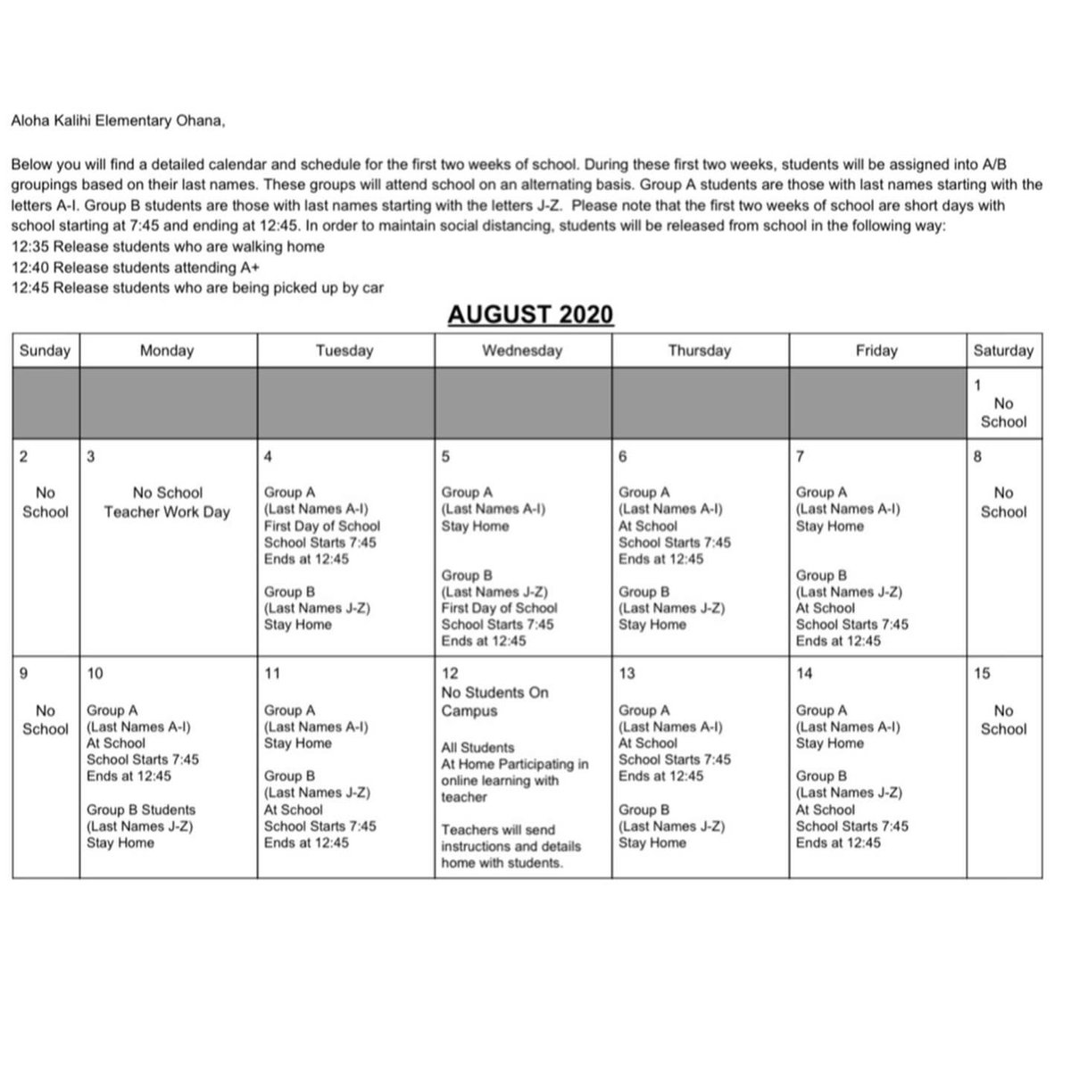 Aloha Kalihi Elementary Ohana,
A letter from Principal Grindell will be sent home to all parents Today. Included with the letter is the schedule for the first two weeks of school. A detailed parent handbook will be forthcoming. #Kalihielementary #strengthenourcommunity