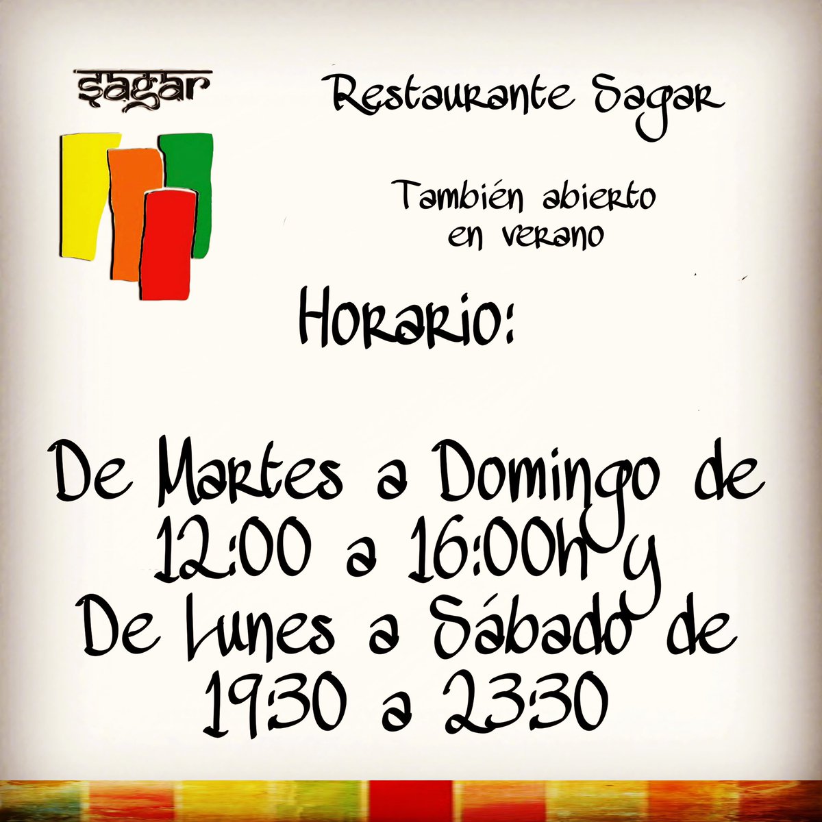 Restaurante Sagar disponible todo el verano, ya puedes hacer tu reserva en el 917131155