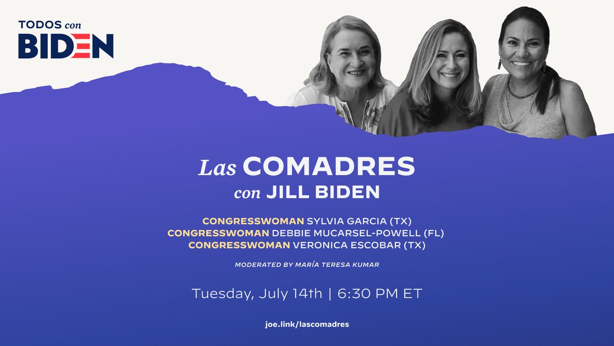 LaCongresista's tweet photo. Tomorrow, my comadres @vgescobar, @DebbieforFL, and I will be having a Charla with @DrBiden about issues that are very important to the Latino community.

Las comadres of Congress stand with @JoeBiden. #TeamJoe

🖥 Watch: https://t.co/NZg9YrRqD7 https://t.co/KTTdbWh67h