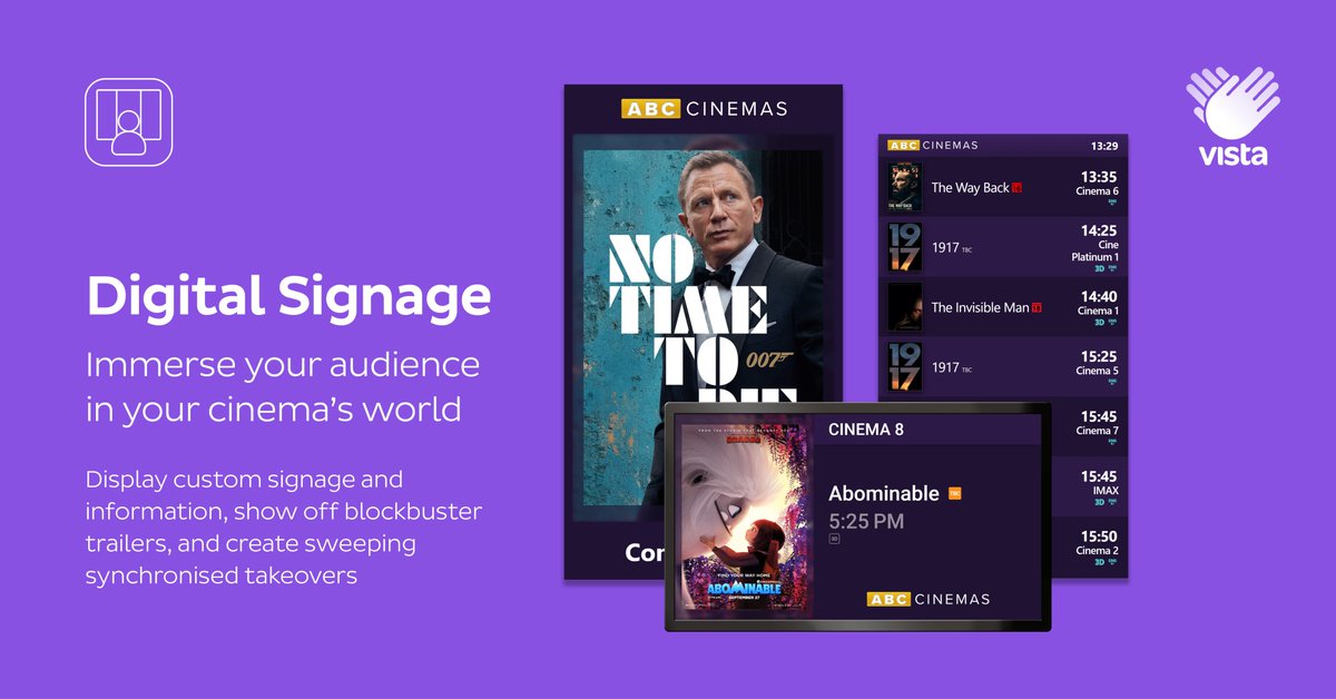 VistaCinema's tweet photo. #DigitalSignage is your best marketing in the cinema! https://t.co/HFvjnzSkIW Promote movie times, tickets, and trailers, show stylish menu boards, F&amp;B orders, statuses and much more! #BehindTheBestCinemas https://t.co/rwWtRSOiEF