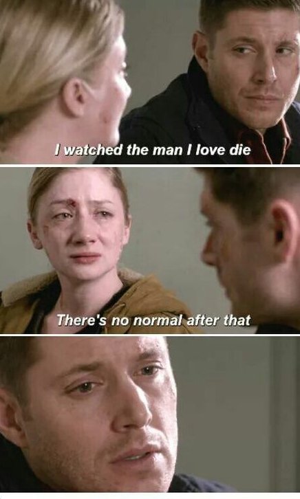 S11: "I watched the man I love die. There's no normal after that." (Red meat) honorable mentions:"I'm not leaving you! Ever!" Sam has the amulet (Don't call me Shurley)Sam and Dean's goodbye hug (Alpha and Omega)
