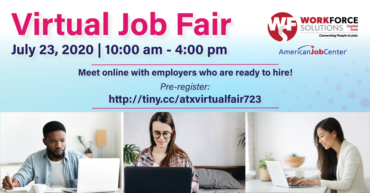 wfscapitalarea's tweet photo. Connect with hiring employers and get a job offer--virtually! π¬π€π²π―
Pre-register for our next virtual job fair on July 23 today:
π» https://t.co/5jD3B9BPlX
#workinginaustin #newjob2020 #jobfair #texasjobs #workintexas https://t.co/65am415xxW