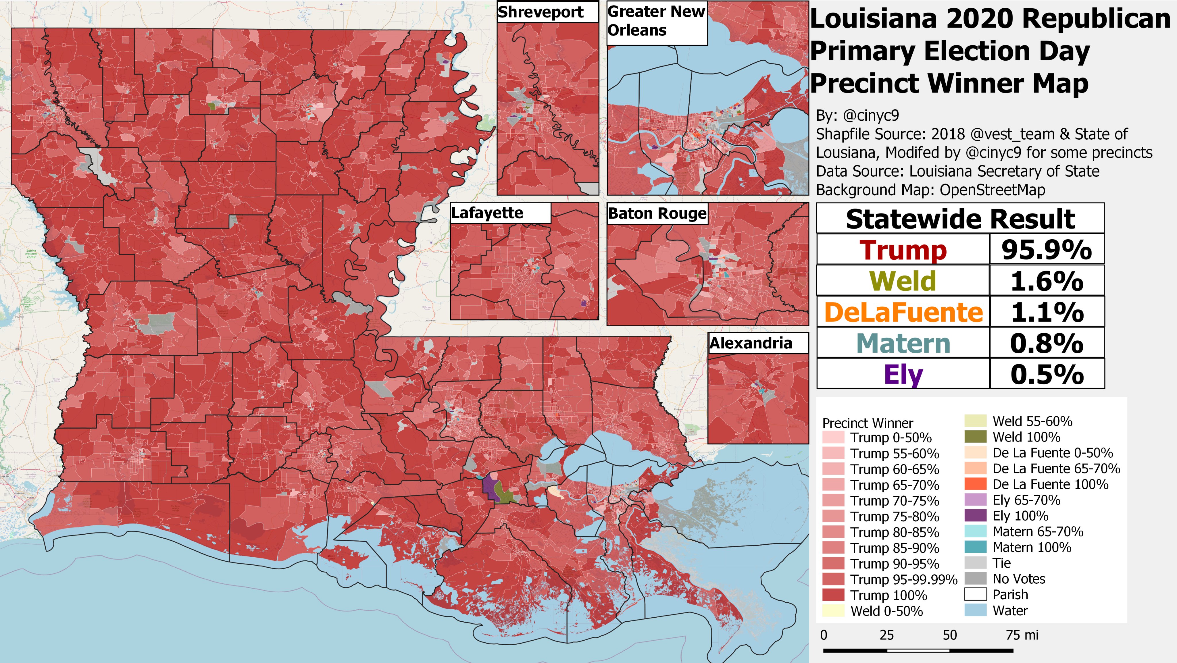 Lafayette Parish Precinct Map Cinyc On Twitter: "Map Of The 2020 Louisiana Republican Presidential  Primary Election Day In-Precinct Vote Winner By Precinct. Trump Won The  State With 95.9% Of The Total Vote In The Unofficial Tally,