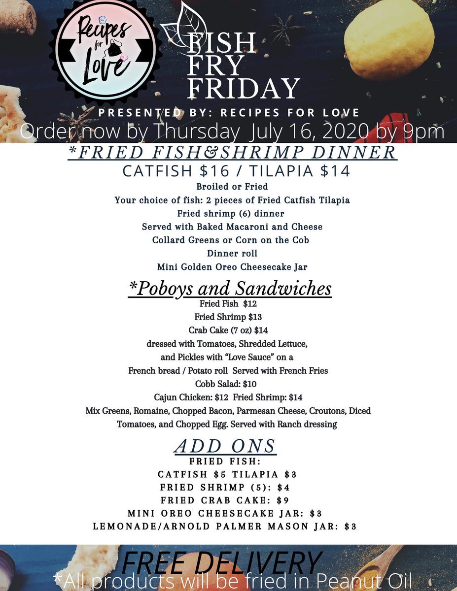 _recipe4love's tweet photo. 🚨FISH FRY FRIDAY IS BAAACKKKK‼️🚨 This week is our classic Fish Fry dinners. You do not want to miss out on this, it will not disappoint! Get yours delivered to you for FREE 🚛 Call or text (757)598-2176 to preorder. #FishFryFridays #SupportBlackBusiness #RecipesForLove https://t.co/c03F0sxo9J