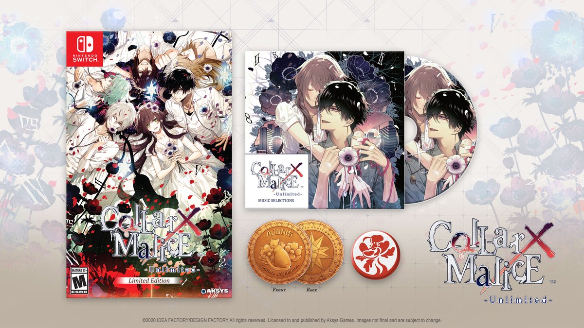 aksysgames's tweet photo. UPDATE - Collar X Malice - Unlimited - releases August 13, 2020 both physically and digitally for Nintendo Switch.  Limited Edition includes: X-Day Coin replica, Adonis enamel pin, and 30 audio tracks - more than 80 minutes of music. Pre order here: https://t.co/NwgCASlICl https://t.co/yoL3fGgMyl