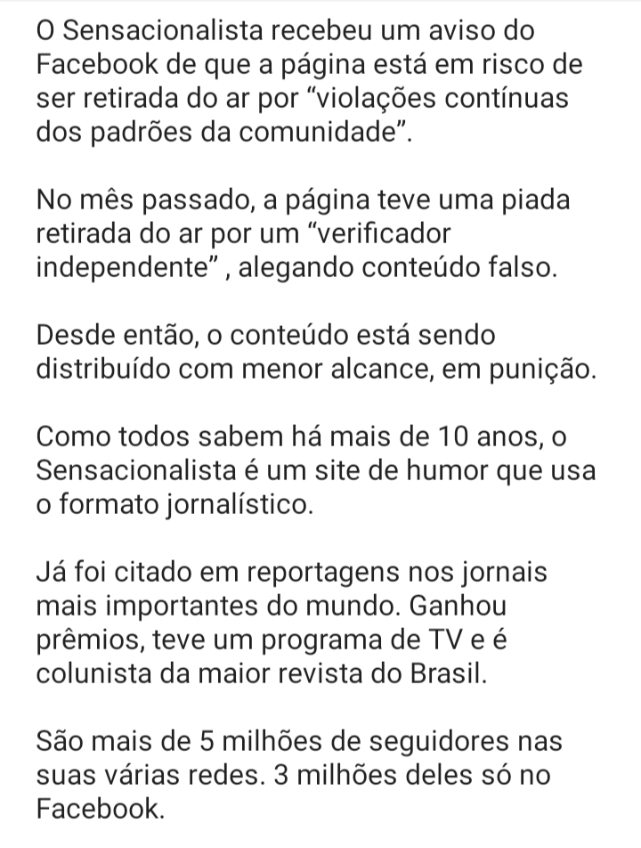 sensacionalista's tweet photo. Facebook ameaça tirar Sensacionalista do ar, sem explicações 
(Infelizmente, não é piada) https://t.co/itrchcwRLB