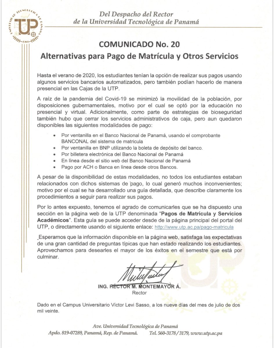utppanama's tweet photo. Atención estudiantes de la UTP Pagos de Matrícula y Otros Servicios https://t.co/rzZUMcyYe0