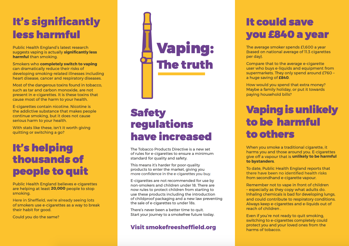 smokefreesheff's tweet photo. Did you know e-cigarettes can actually help you stop smoking?

Check out our little fact sheet to find out how https://t.co/sNLACWnlWl https://t.co/KF3bKkJun1