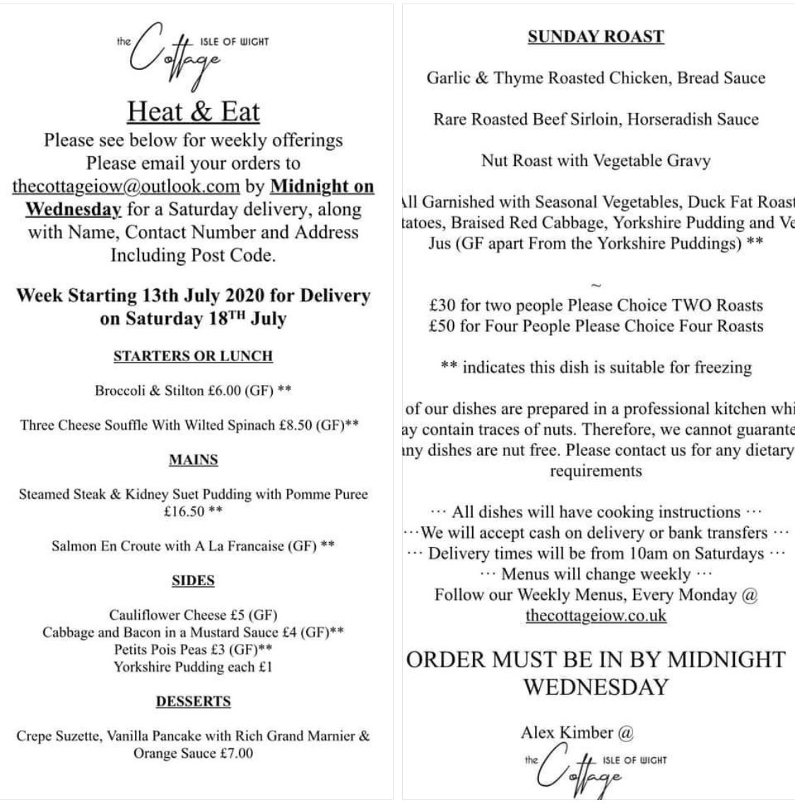 Heat &amp; eat delivery service for Saturday 18th July