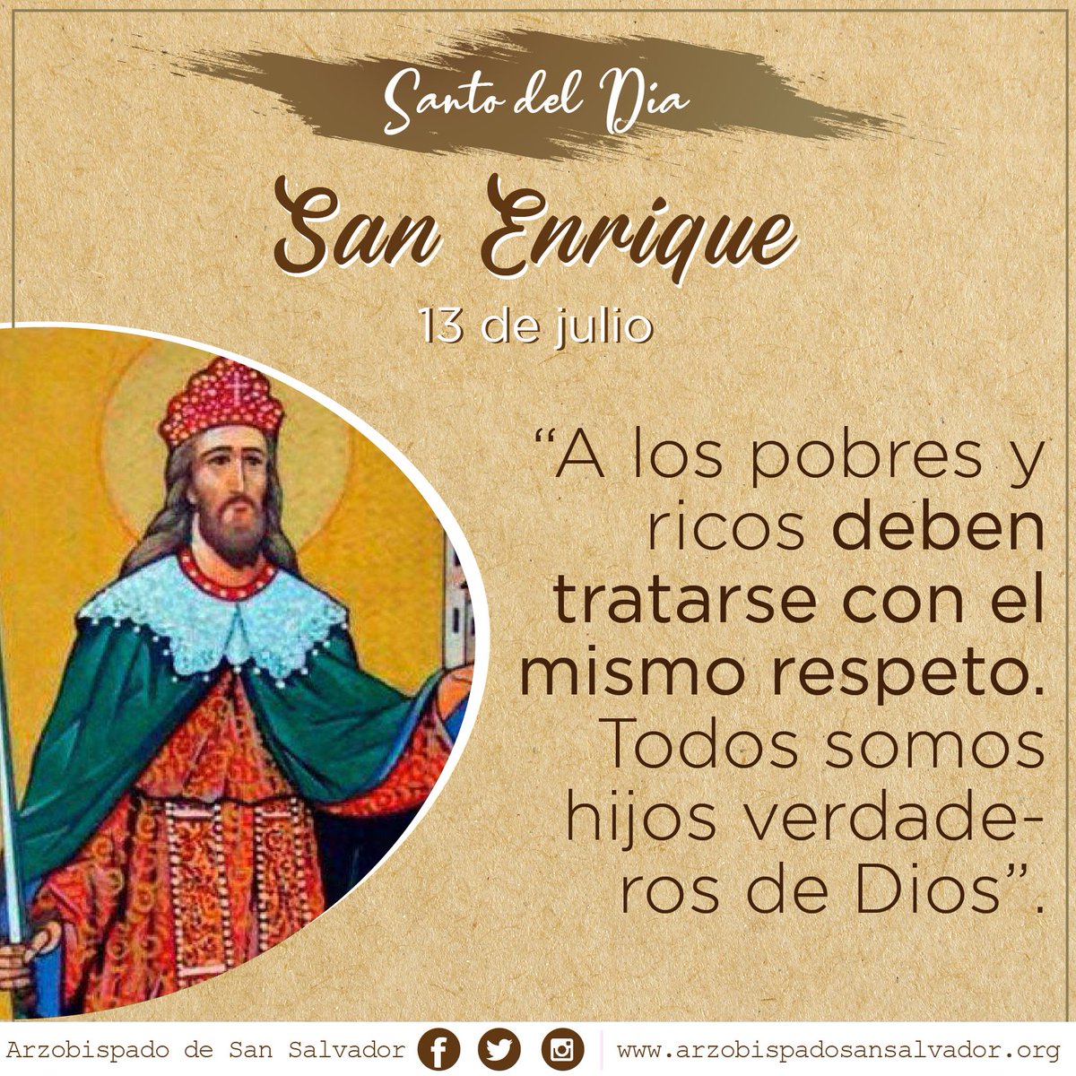 #SantoDelDía😇| Hoy recordamos a San Enrique, un rey alemán y emperador del Sacro Imperio Romano Germánico entre el año 1014 y 1024, el único declarado santo por la Iglesia Católica. Fue el más grande apóstol de la paz en el segundo decenio del siglo XI.