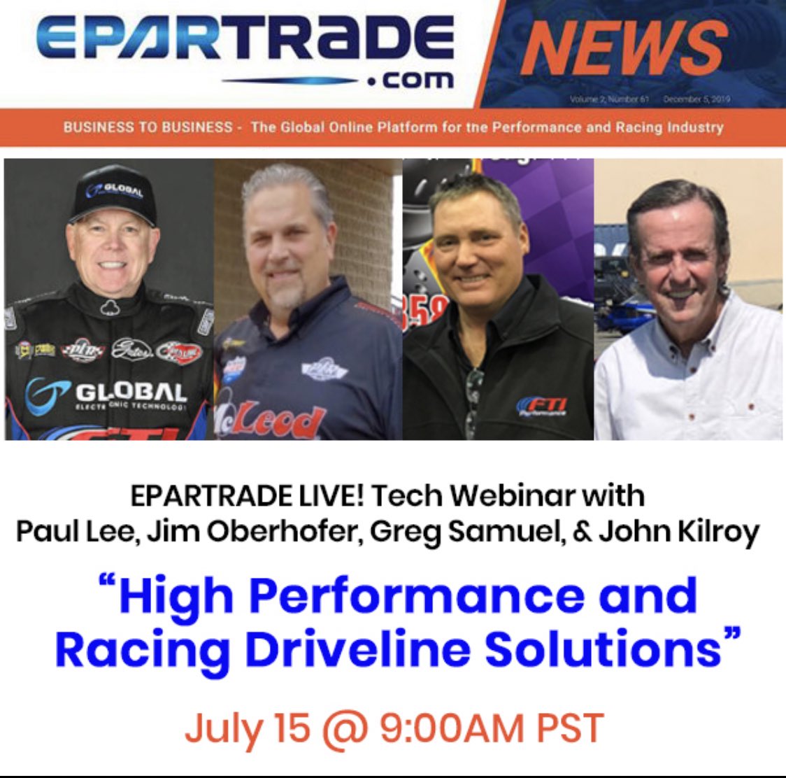 Paul_Lee116's tweet photo. Please join us this Wednesday, July 15 @ 9:00AM PST for the Epartrade LIVE! Tech Webinar featuring NHRA Funny Car Driver and owner of McLeod Racing and FTI Performance Paul Lee, Jim Oberhofer and FTI’s Founder Greg Samuel.
 https://t.co/qPnFTD2WT8 https://t.co/tBUB8NaLa8