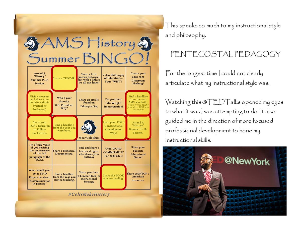 DrRLWright's tweet photo. We are back at it!!! @AldineMS_AISD “Summer Bingo Challenge”.
“Share an educational TEDTalk!
By far one of my favorite @TedTalks!
Take a look and listen to @chrisemdin as he explains the magic that is Pentecostal Pedagogy!
https://t.co/T1520EUFWj
#AMSBingo
#ColtsMakeHistory https://t.co/Poogmop9JB