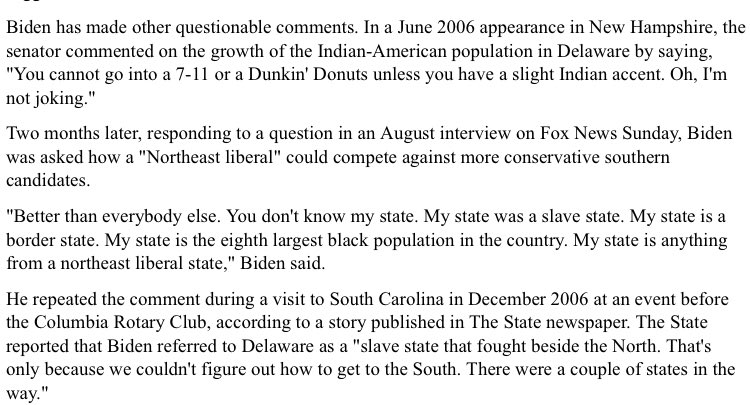 “We (Delawareans) were on the South’s side in the Civil War.” - Jim Crow Joe BidenIn 1973, Biden recieved an award from fellow white-supremacist George Wallace. In 2006, Biden said he could compete better than anyone among racists in the South b/c “My state was a slave state.”