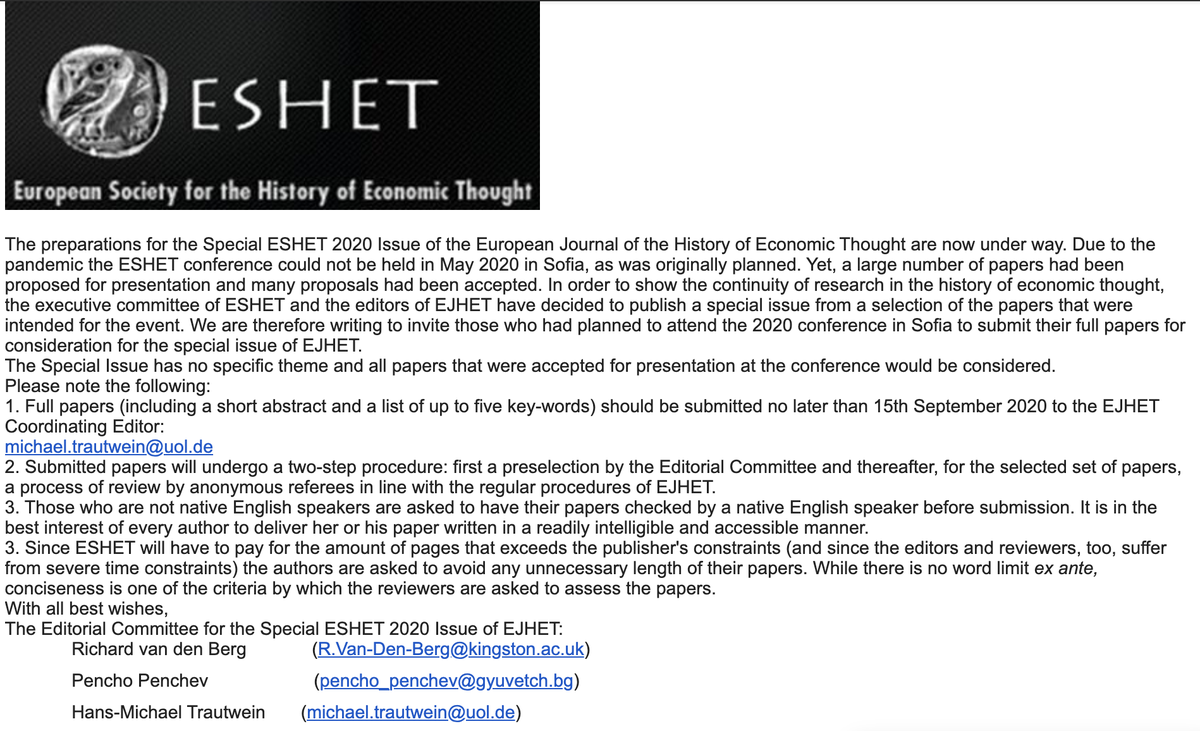 Societies_HET's tweet photo. CfP-#ESHET 2020 special issue in the European Journal of the History of Economic Thought
Papers (that were accepted for #ESHET2020 would be considered) should be submitted no later than 15th Sept 2020 to the #EJHET Coordinating Editor: michael.trautwein@uol.de (@HMTrautwein) https://t.co/JhRaxuYWfh
