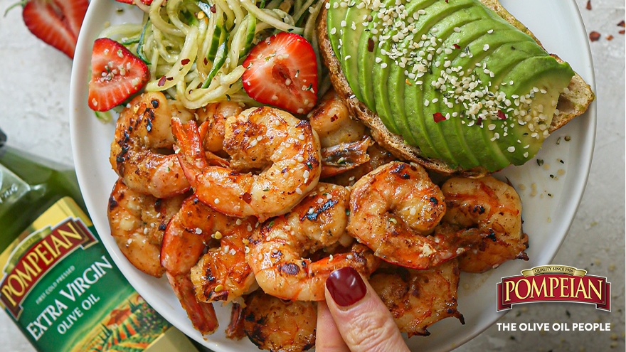 Honey Mustard Shrimp with Balsamic Cucumber Noodle Salad, featuring Pompeian Robust EVOO: healthy, simple, and perfect for summer 😋 bit.ly/329IeSK