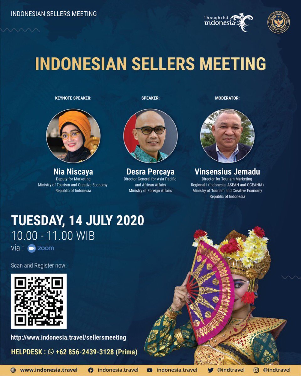 SigitWtj's tweet photo. Starting today #14/7/2020 our #Indonesia Sellers Meeting w/ all 13 markets begin w/ Opening &amp; Keynote Remarks by #DBP #MoTCE @Kemenparekraf @indtravel &amp; #DirGenAspasaf ⁦@Kemlu_RI⁩ #MoFA &amp; then followed by #India #ASEAN &amp; tomorrow w/ #RepKorea #ChinaHK etc #DitRegII #RegIII https://t.co/fQBdYH8RNH