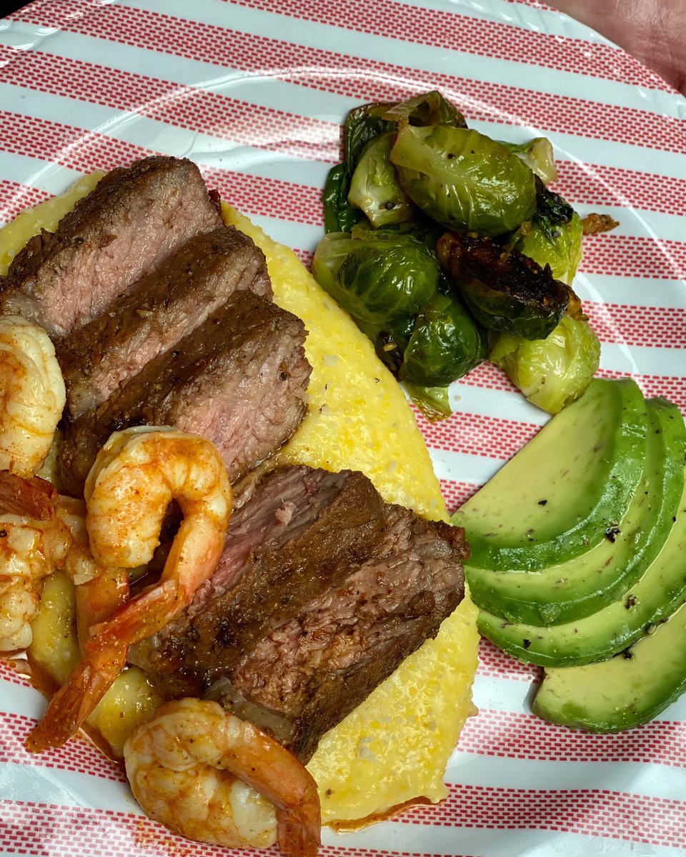 FiveMonkeysBBQ's tweet photo. Hope you all had a great weekend! Check out steak night @ #5MHQ! 5M Cast Iron Steak: @costco NY steaks seasoned with s &amp; p, seared in evoo and butter, glazed with #5MSW, pan seared shrimp seasoned with @caribeque island thyme, evoo and butter, buttery polenta with a heavy dose... https://t.co/hFRrOVJ7em