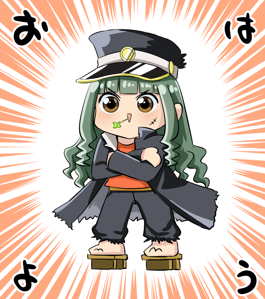 hat 1girl solo peaked cap green hair long hair geta  illustration images