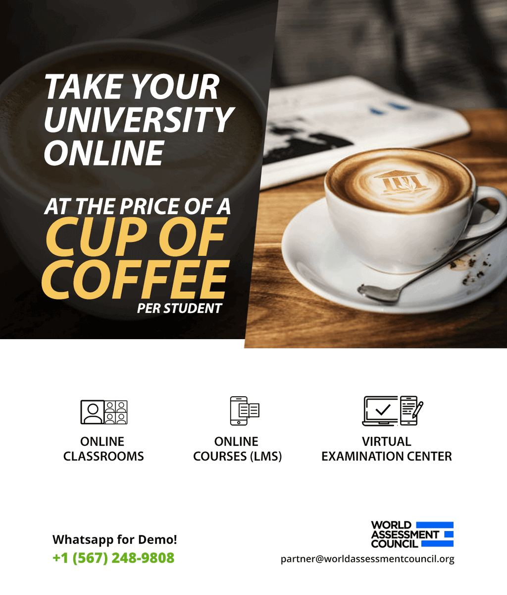 wacsocial's tweet photo. Take your university online at the price of a cup of coffee.
Ask us how?
World Assessment Council is happy to empower you. Just comment below and we shall connect. @wacsocial 

#OnlineUniversity #OnlineEducation #OnlineClassrooms #OnlineCourses #VirtualExaminationCenter https://t.co/lw7FsLfLBp