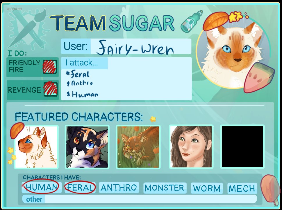I joined the artfight fray this year! Currently I managed to revenge all my attackers, so bring it on. 👏

artfight.net/~Fairy-wren

 #artfight2020 #artfight #artfightteamsugar