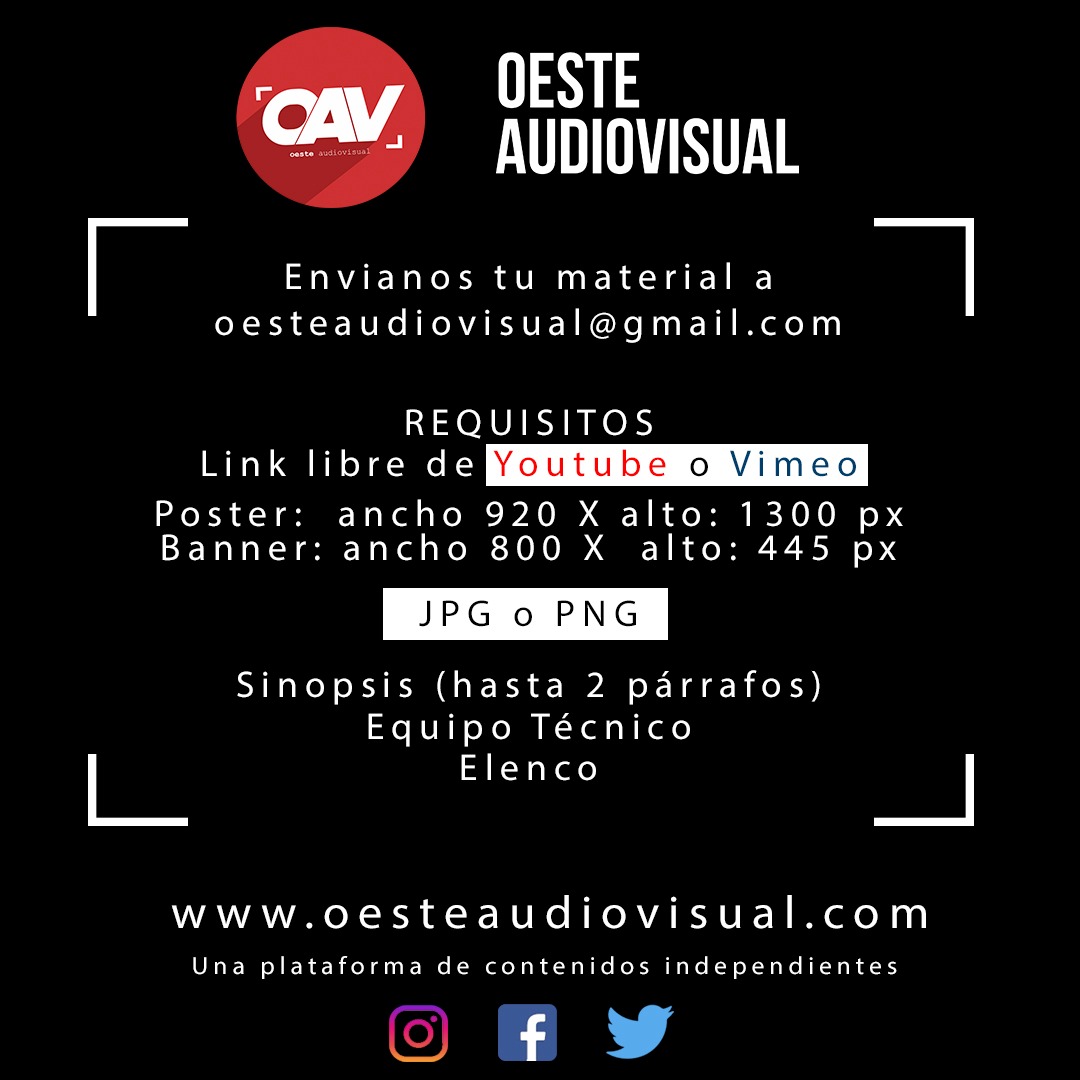 OAVPlataforma's tweet photo. #OesteAudiovisual 🎬 #Elojodelconurbano
CONVOCATORIA OESTE AUDIOVISUAL
Si sos realizador audiovisual y tenes contenidos independientes, hechos en el Conurbano (cortometraje 📹, largometraje 🎥, serie 📺 o podcast 🎙)
Envianos un correo a: oesteaudiovisual@gmail.com https://t.co/YlQBqKtSz9