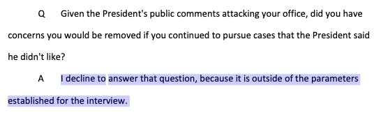 A frequent refrain in Berman's answers:"I decline to answer that question, because it is outside of the parameters established for the interview."