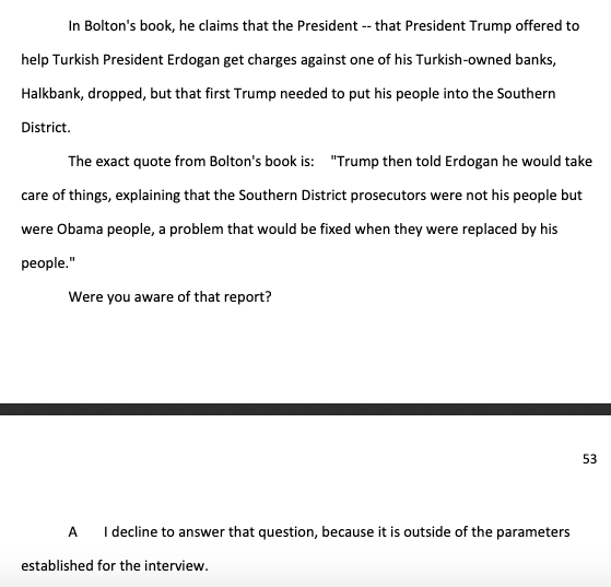Those included cases "implicating the President," Nadler says. Here is Berman declining comment on John Bolton's allegations that Trump meddled in the money laundering case against Turkey's state-run Halkbank as a favor to Erdogan.