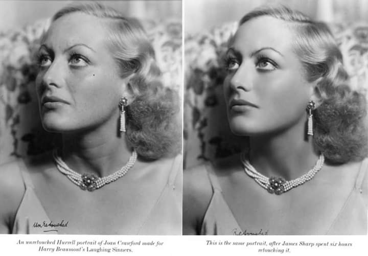 Antigamente era tudo natural, não tinha Photoshop... será mesmo? 

Antes e depois da atriz Joan Crawford, em uma foto promocional para o filme 'Laughing Sinners' (1931), mostra o trabalho do fotógrafo George Hurrell e seu editor, James Sharp.