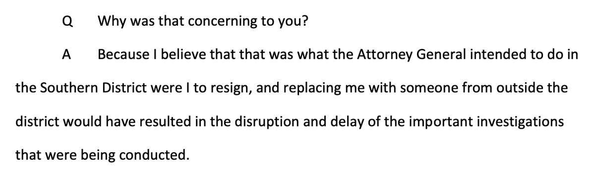 Geoffrey Berman was not permitted by DOJ to talk about why he was fired. But he managed to sneak it in.  https://judiciary.house.gov/uploadedfiles/berman_transcript.pdf