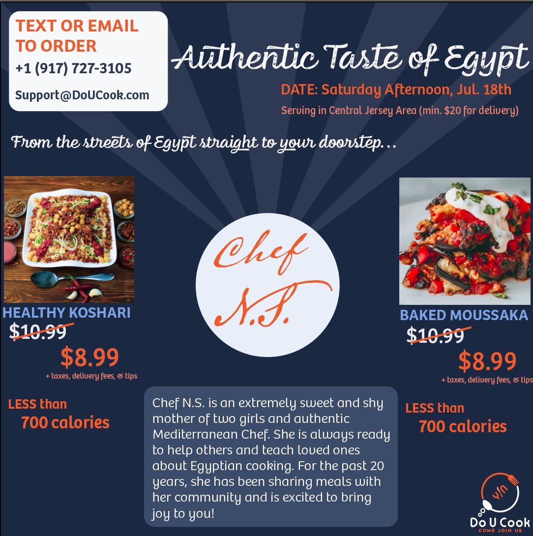 DoUCook_'s tweet photo. This Saturday, July 18th, Chef N.S. is preparing an authentic Egyptian meal for DoUCook. We can’t wait for #CentralJersey to experience the taste of Egypt. Place your orders via text or email ASAP. 👩‍🍳 #eatnj #njcook #njfoodie #jerseyfoodie #jerseyfood #newjersey #njchef #nj https://t.co/dkGUmKjSCe